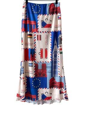 European Postcard Print Midi Skirt L Travel Novelty Maximalist
